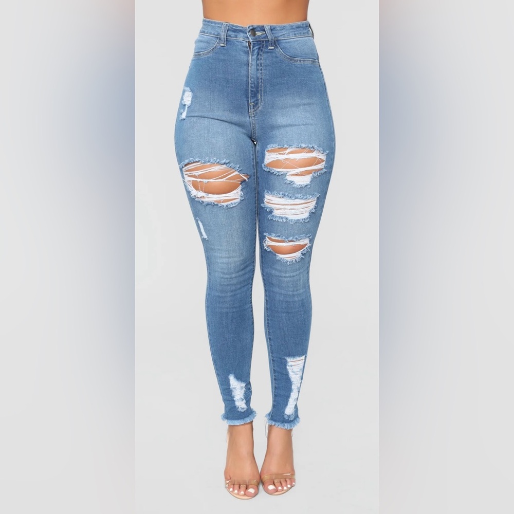 FASHION NOVA Little Miss High Rise Distressed Jeans - Light Blue Wash - Picture 3 of 9